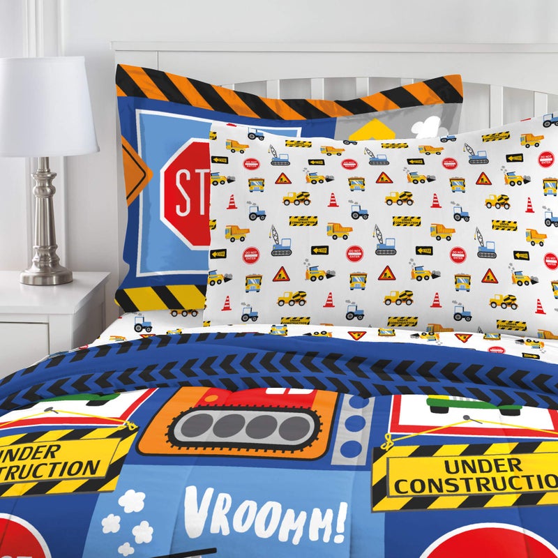 dream FACTORY Kids 5-Piece Complete Set Easy-Wash Super Soft Microfiber Comforter Bedding, Twin, Navy Blue Under Construction - Image 5